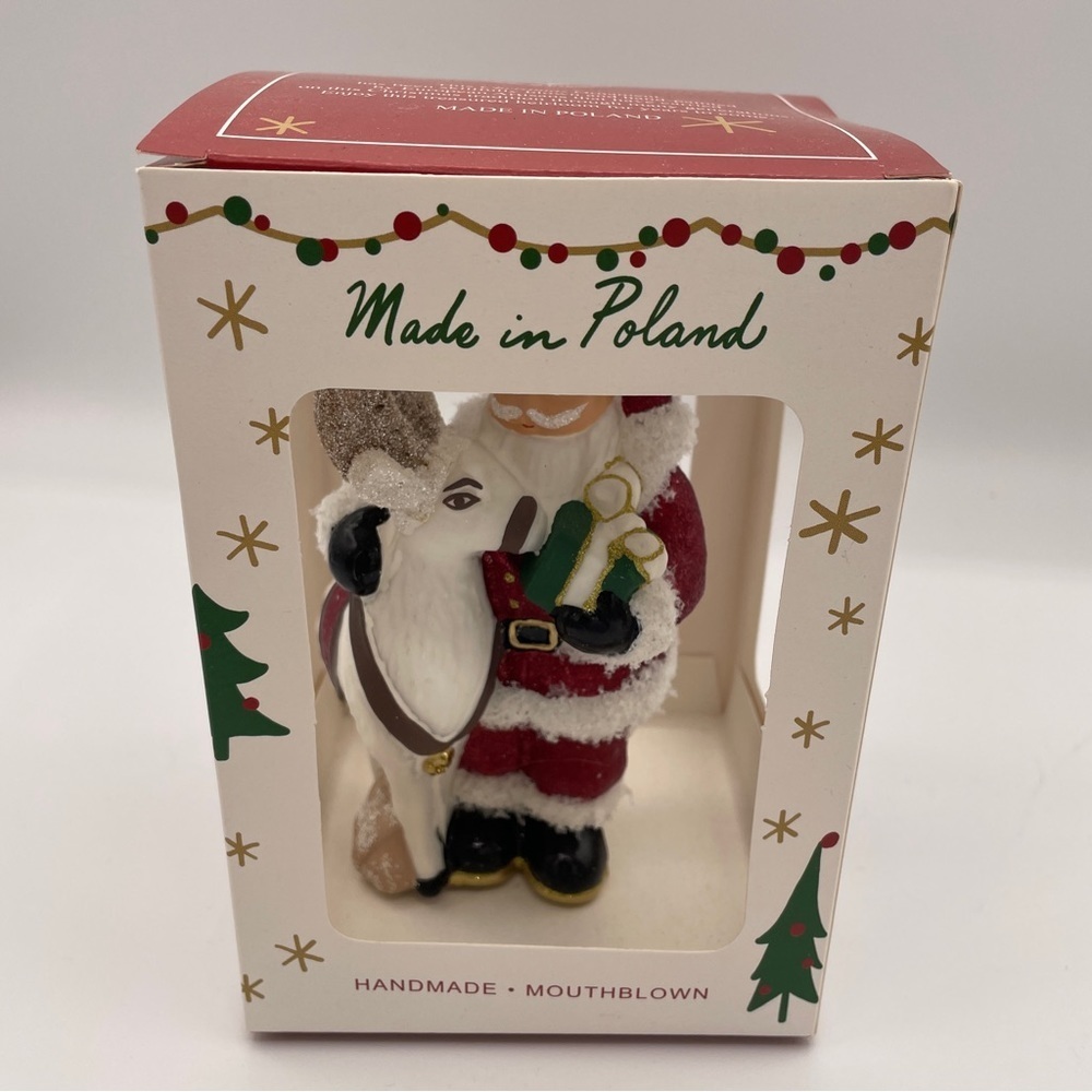 NEW Made in Poland Santa and Reindeer Hand Blown and Hand Painted Ornament